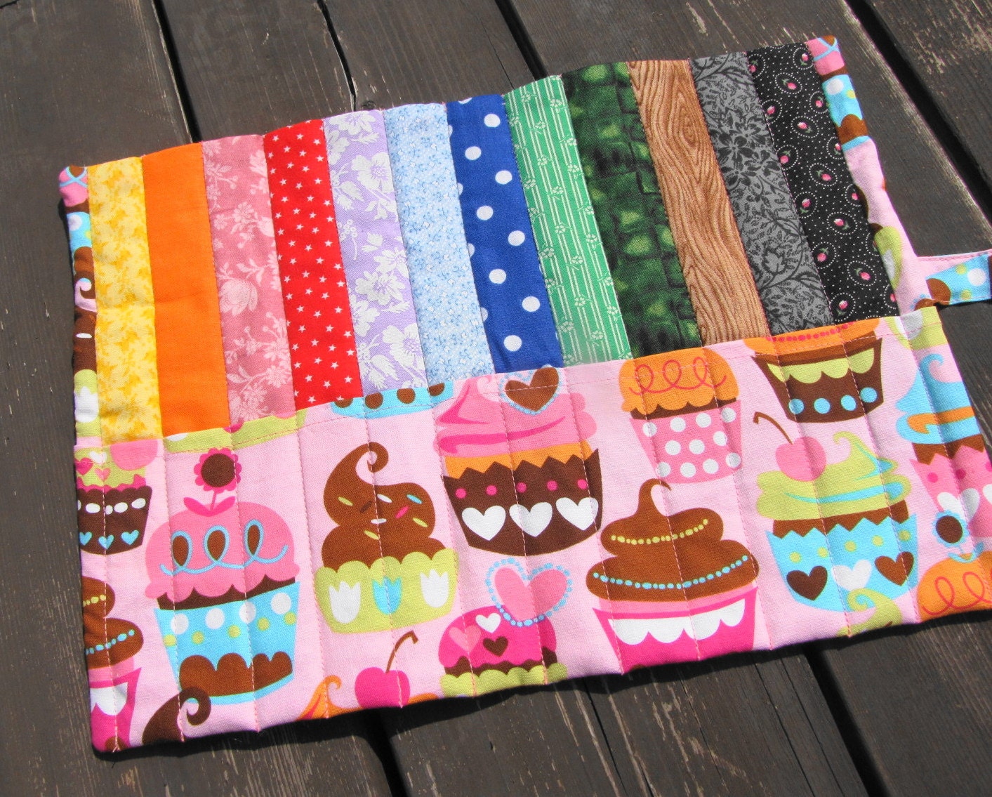 Rainbow Quilted Pencil Roll Cupcake Pink