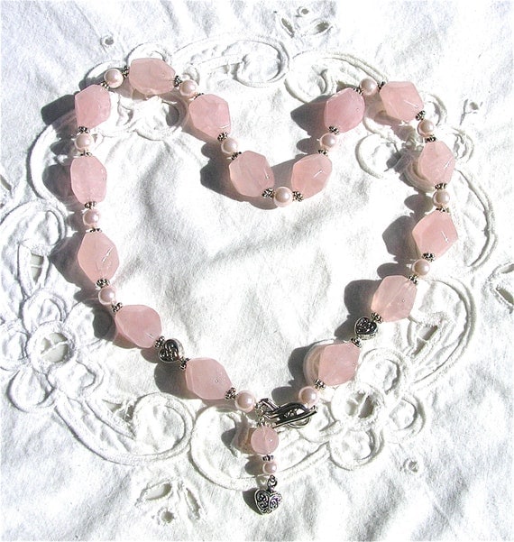 Necklace Rose Quartz Nuggets Pearls & Pink Ribbon Clasp w/ Heart Charm  Mind4Design