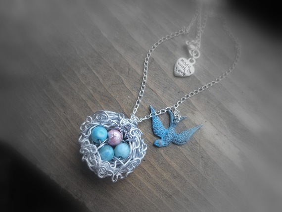 Blue Bird, Momma bird necklace, Fully customizable, including birthstone eggs