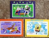 Customized Boys Birthday Party Invitations - Spongebob, Scooby Doo, and Buzz Lightyear
