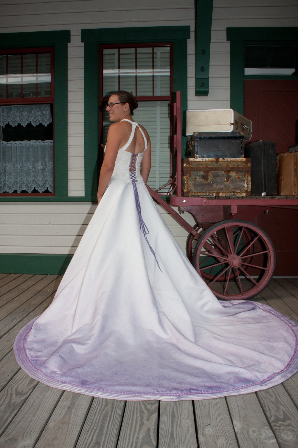 Upcycled Steampunk Clothing, Lilac Wedding Gown (Hand Dyed Purple Border) Full Length Skirt, Corset and Wrap, Eco Friendly