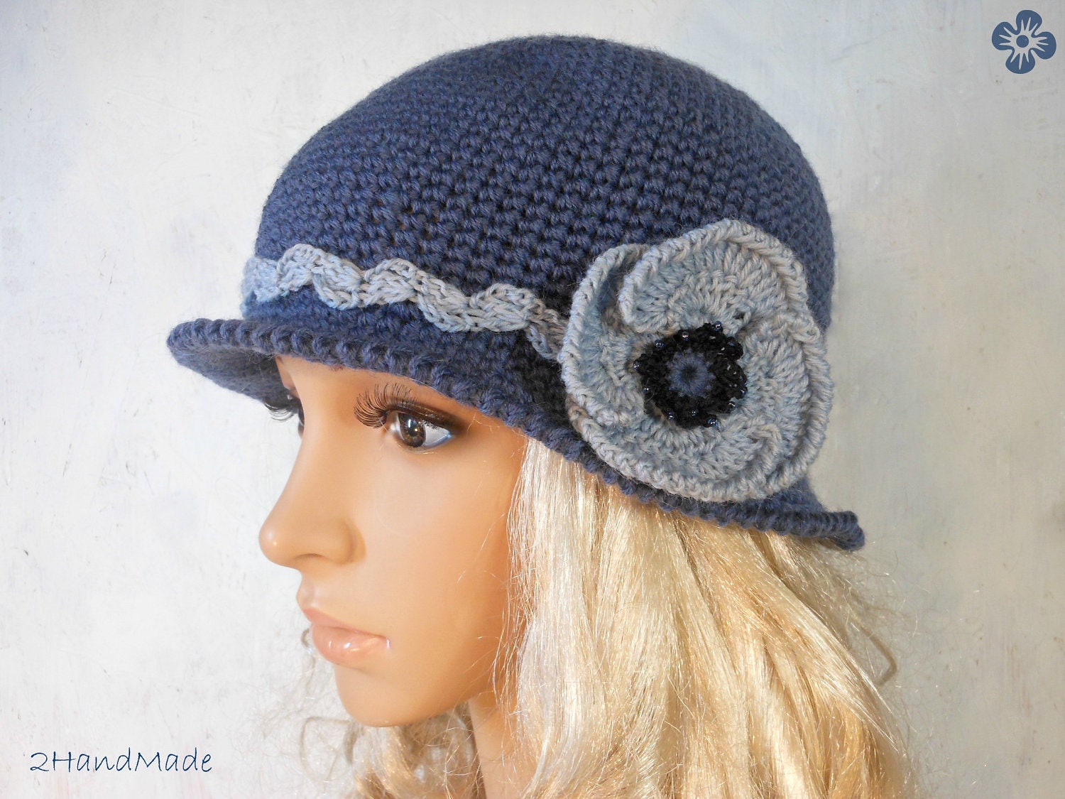 Crochet Brimmed Cloche Hat Flapper Classic Women Ladys Teens Elegant 192O Indigo Blue Pure Sheep Wool Poppy Flower Vintage Romantic Style