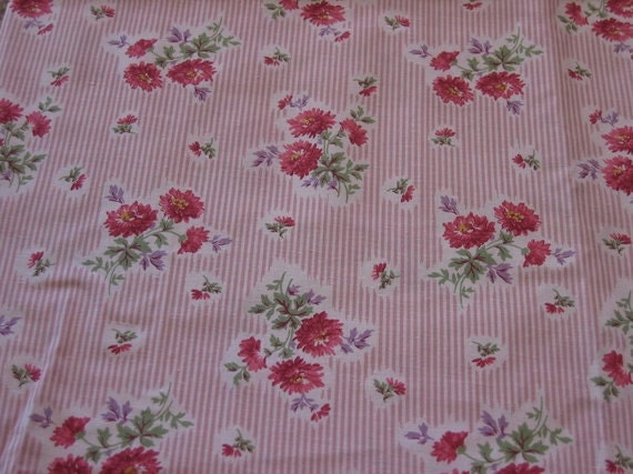 Vintage Fabric Pink Stripes with Pink Maroon and Purple Flowers - 2 YARDS 15 INCHES