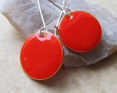 Dangle Drop Earrings - Scarlet Red-Orange Epoxy Enamel Circle Discs - Sterling Silver Plated over Brass