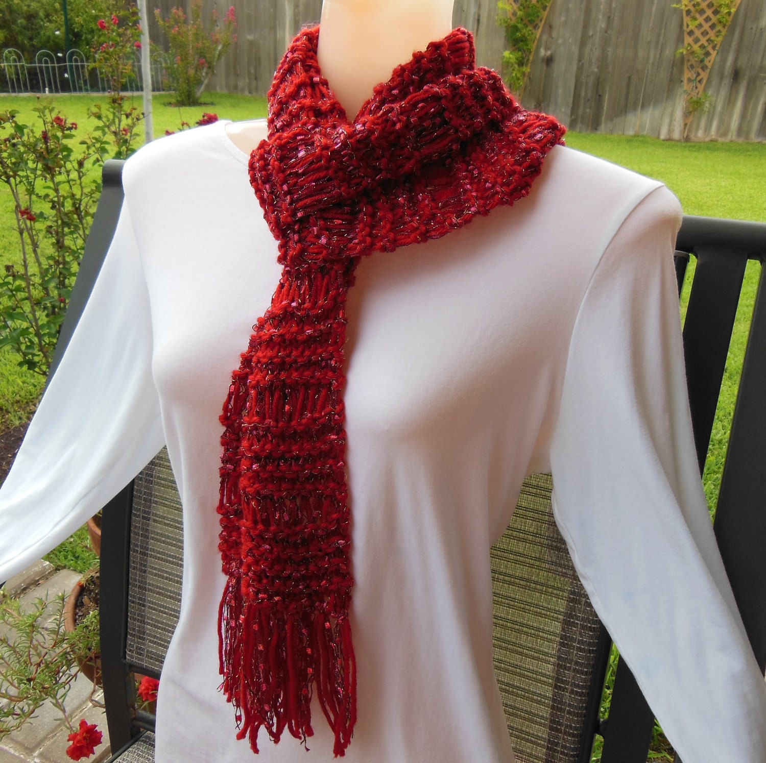 Red Scarf. Knit Trellis Ladder Ribbon Scarf.