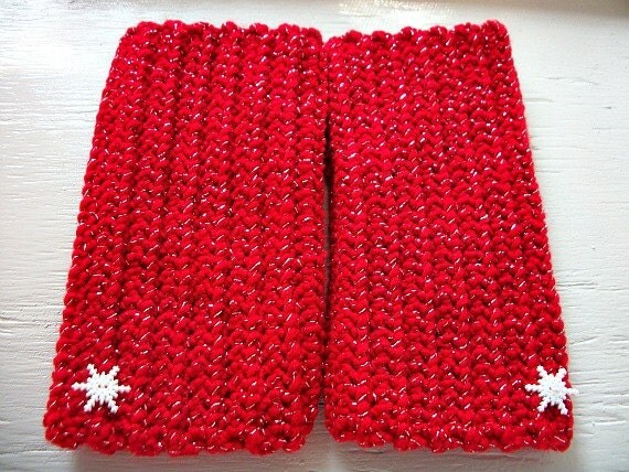 Red and silver fingerless gloves with glitter snowflake buttons, crochet, holiday, christmas