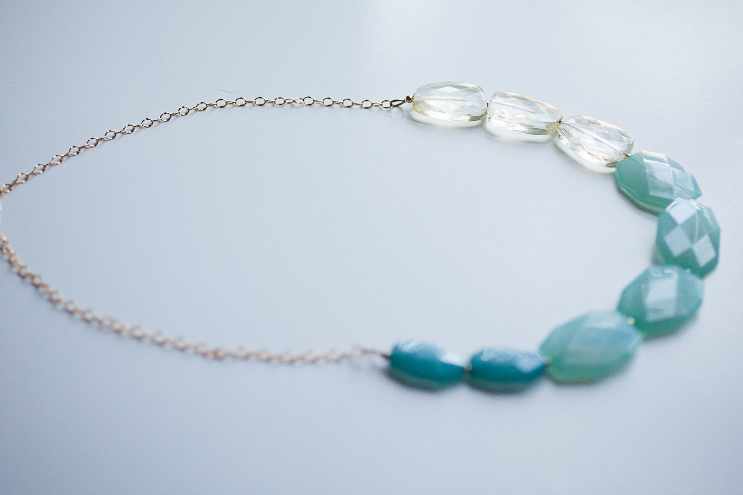 Mint, teal and pale yellow color block bib statement necklace