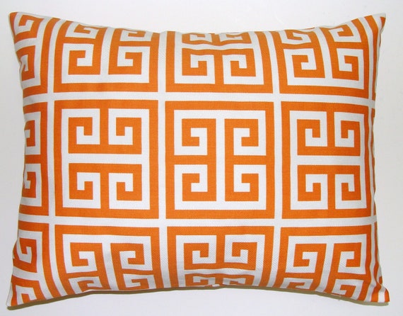 Tangarine Orange Pillow.Greek Key.16x20 or 12x20 inch Decorator Lumbar Pillow Cover.Printed Fabric Front and Back
