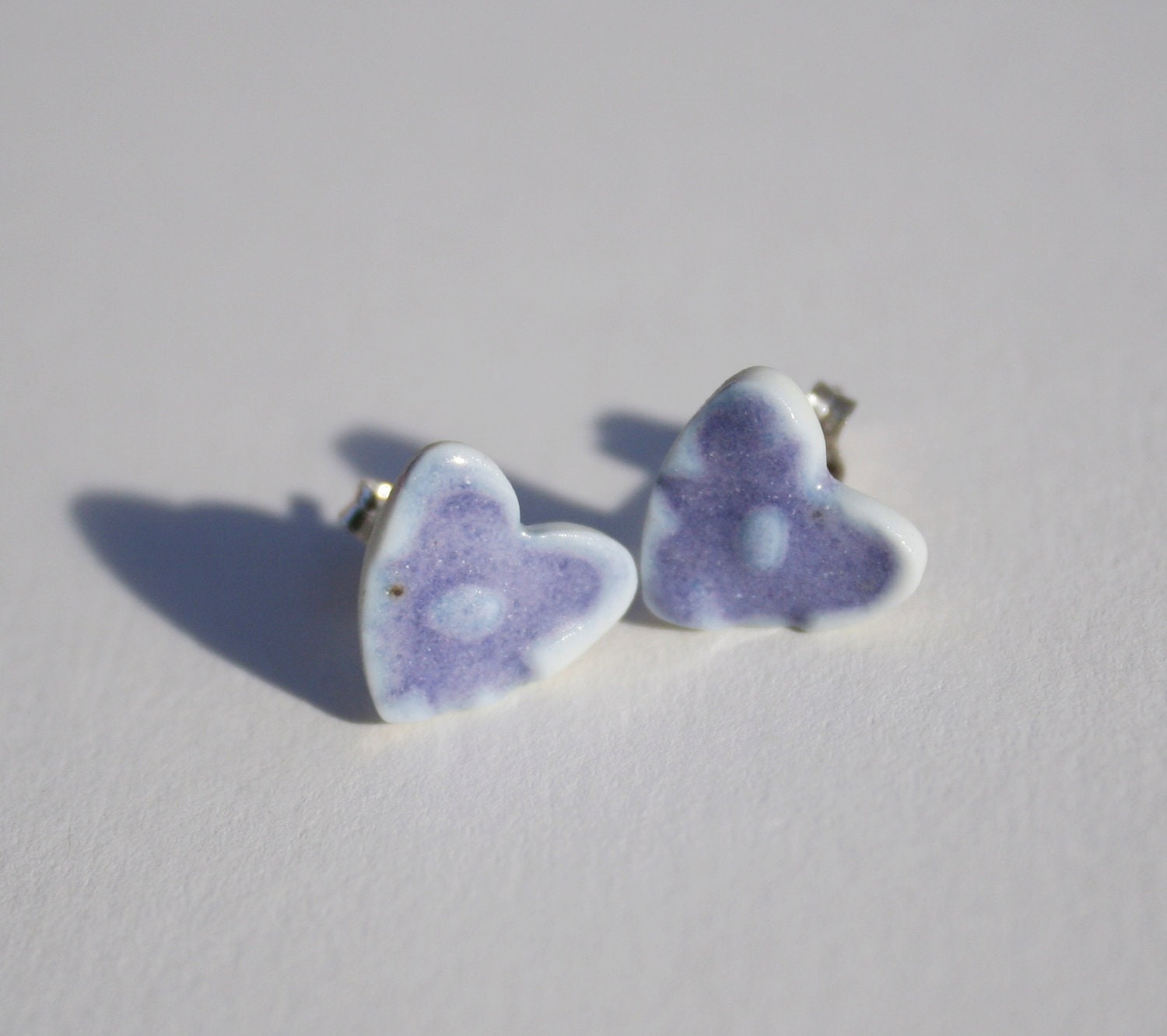 Earrings, stud, heart shaped Valentines porcelain ceramic, Rhapsody Lavender glaze, sterling silver post and clip