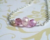 Romantic pink necklace silver. Three Czech glass faceted beads in beautiful shade of pink. gift for her