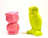 owl figurines, neon, home decor, lime green, pink, upcycled ceramics, vintage owls, kitsch, bird figurines, 60s, mod, bright