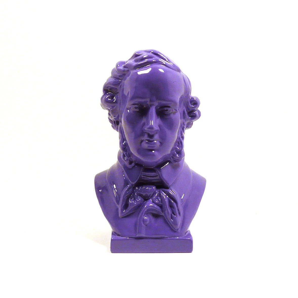 composer head bust, painted figurine, vintage, mendelssohn, purple, funky decor, dorm room, music, historical statue, upcycled figurine