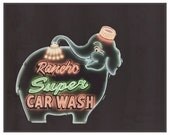 Elephant, Vintage Neon Sign, Vintage Style Fine Art Photograph, Rancho Super Car Wash, Night Photography 8 x 10