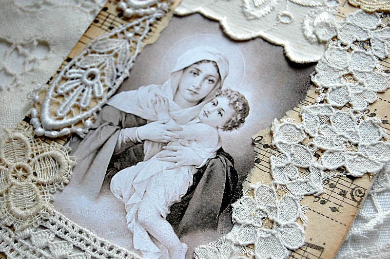 TREASURY ITEM - Madonna and Child fabric collage, vintage French lace and religious medal. OOAK