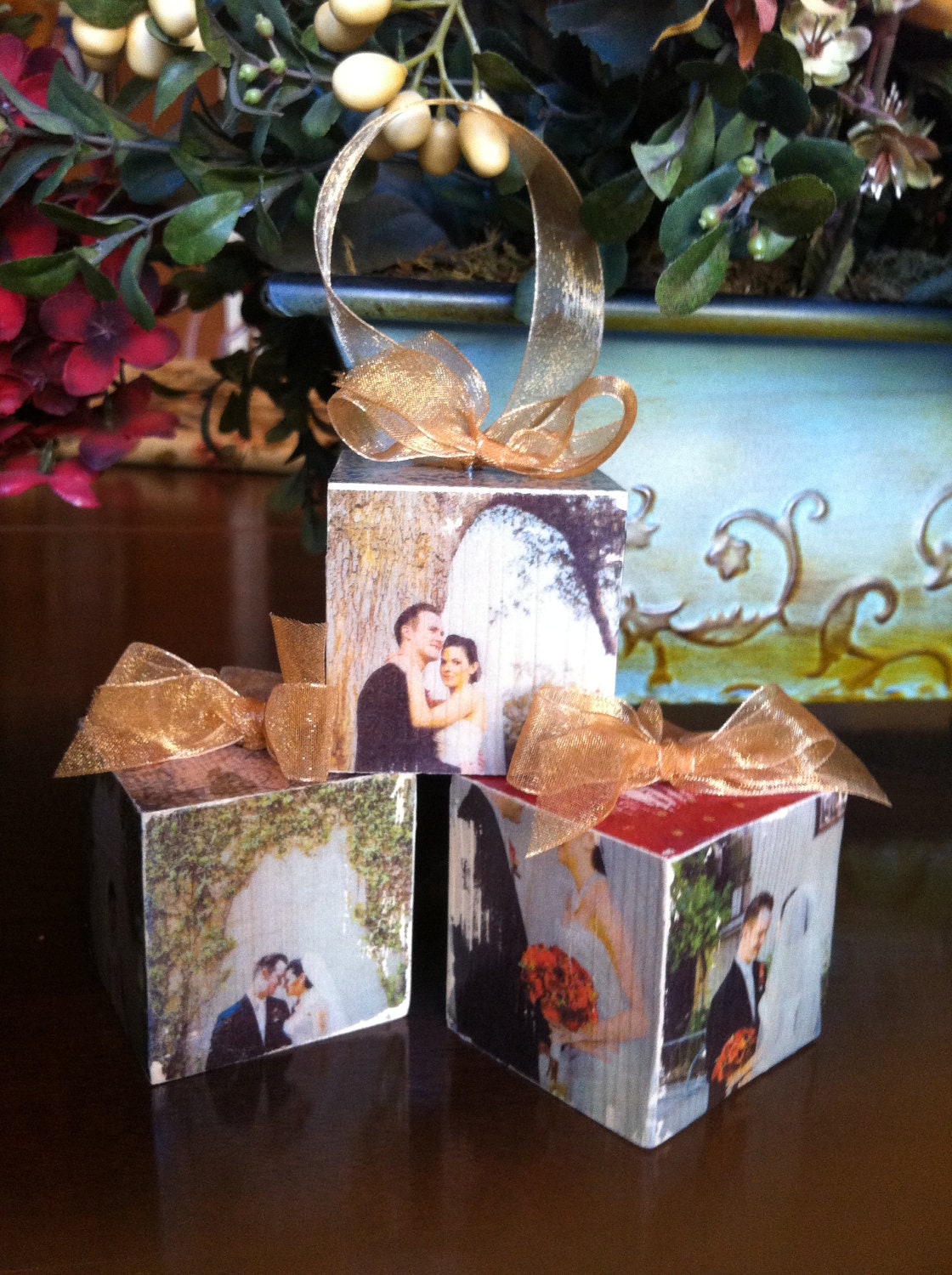 Three Custom Color Wedding Photo Blocks Ornament or Door Hangers