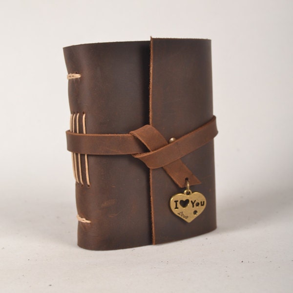 Leather journal handmade,blank notebook,unique vintage journal,travel diary,mini journal with heart,I love you,dark brown,unique gift
