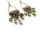 Peacock Green Chandelier Earrings, Swarovski, Evening Jewelry, Gift For Her