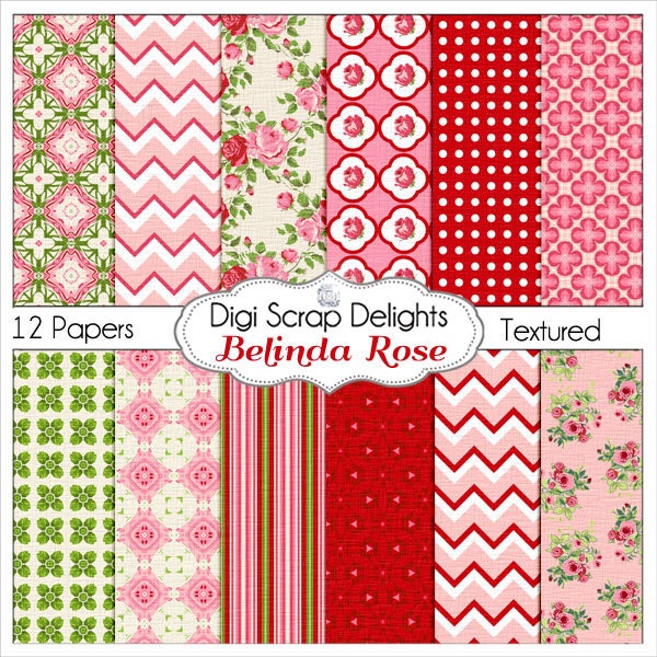 Shabby Chic  Digital Papers in Vintage Rose Belinda Red Pink Roses (Cath Kidson, Style) for Digital Scrapbooking, Instant Download