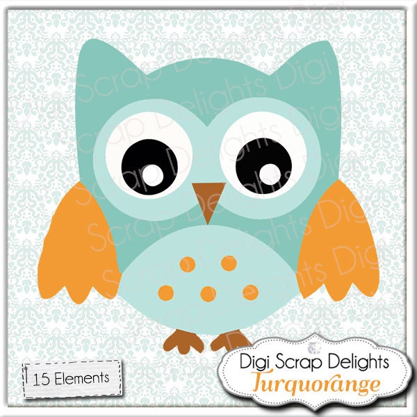 Baby Owls, Turquoise Orange for Baby Birthday Digital Clip Art for Scrapbooking, Card Making, Invites, Crafts, Instant Download