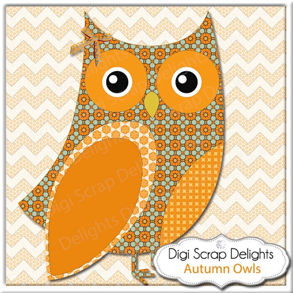 Autumn Owl Clip Art - Owls Scrapbook Kit, Instant Download- Digital Papers for Party Invites, Cards, Orange, Brown, Blue, Red, Green
