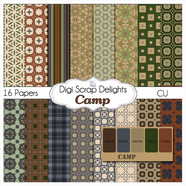 Camp Out Scrapbook Kit , Instant Download, Card Making, Crafts, Camping / Fishing Girl Scout or Boy Scout Clip Art, Brown and Blue