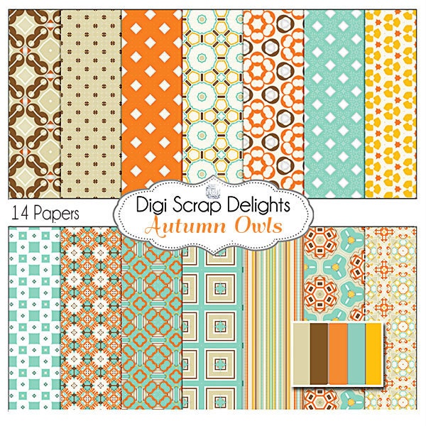 Autumn Owl Clip Art - Owls Scrapbook Kit, Instant Download- Digital Papers for Party Invites, Cards, Orange, Brown, Blue, Red, Green