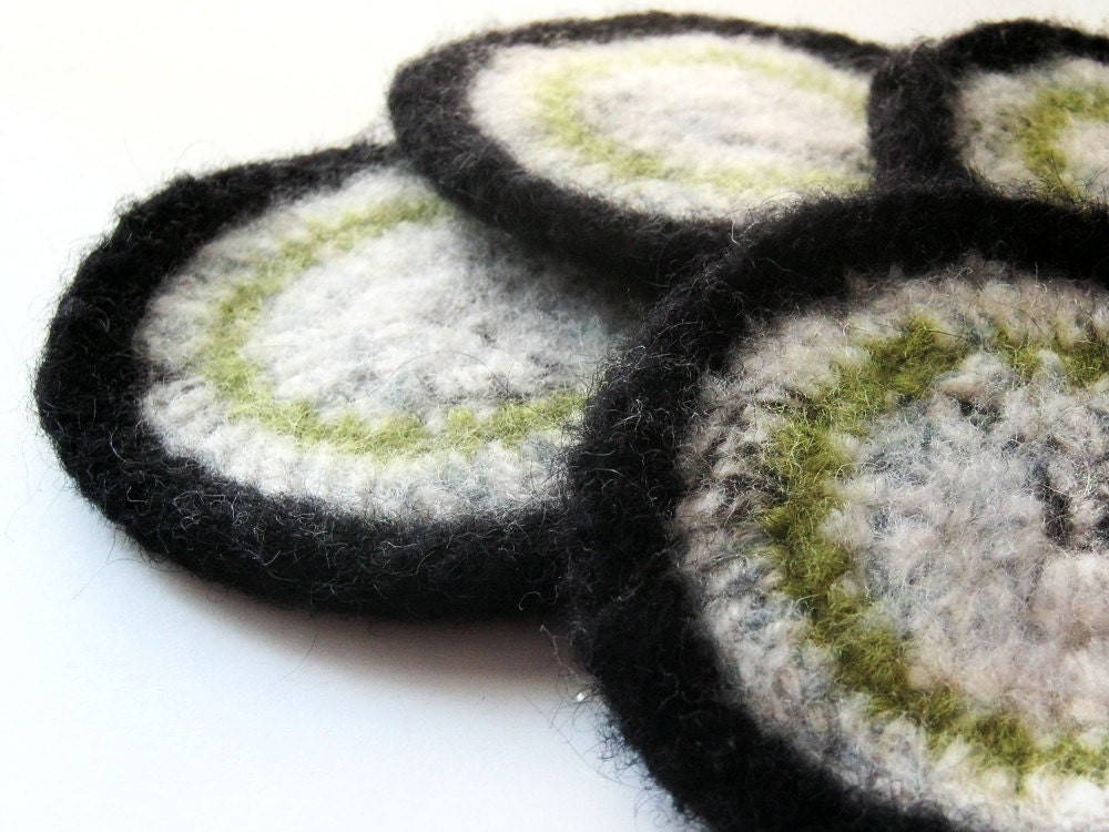 Wool Coasters - set of 4 - Lime Green, Black, Grey, Gray, White - felted crochet - Mod, Modern, Geometric, Minimalist