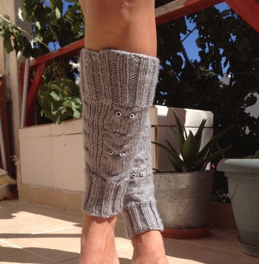 Grey OWL figure Knitted Leg Warmers, Boot Cuffs Liners,boot cuffs,ballet flats,yoga,pilates