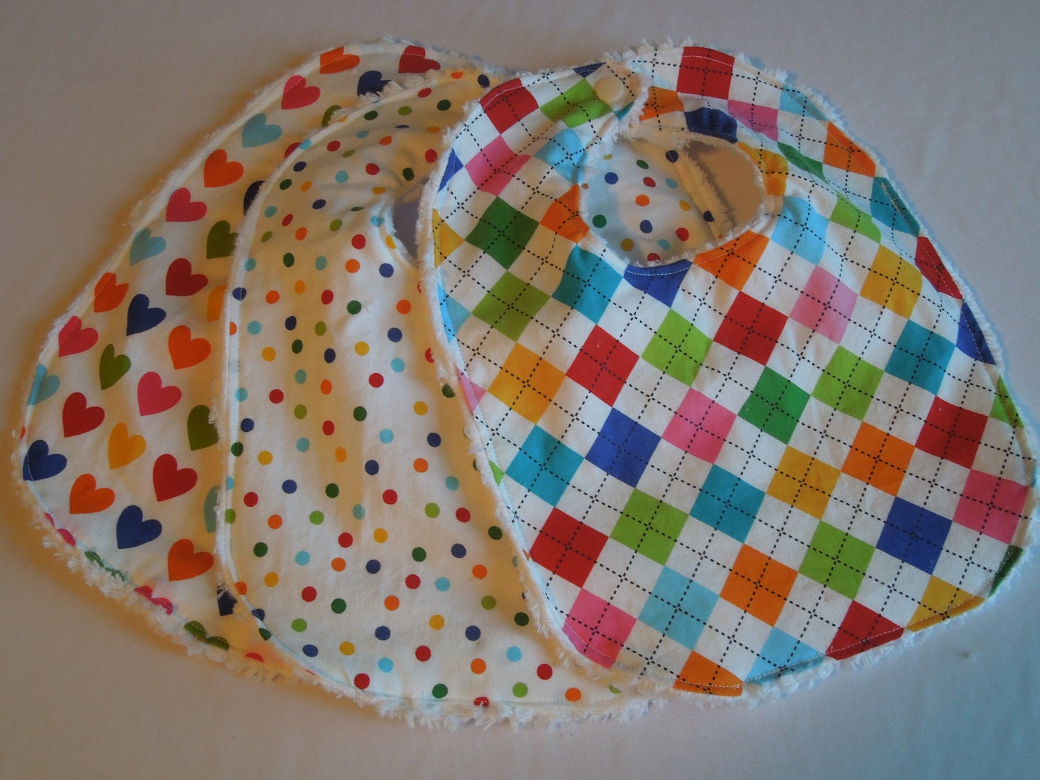 Baby Bibs - Set of 3 - Gender Neutral - Rainbow Remix Argyle, Hearts and Dots