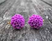 Purple Dahlia Flower Clip On Earrings