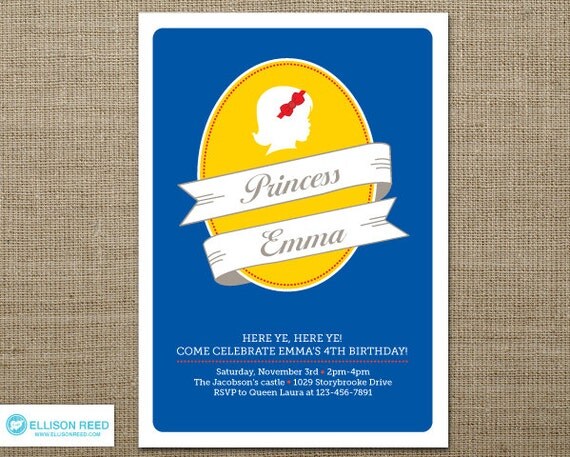 Fairy Tale Princess Invitation - Snow White - Princess Birthday - Princess Printable - Blue - Red - Girl Birthday Party - Yellow - Royal Il_570xn