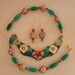 Floral Cloisonne Bib Statement Necklace, Aventurine Stone, Green Gemstone, Hand Beaded, Matching Earrings