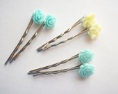 Unique Set Of Six Bobby Pins With Miniature Light Green Mint And Cream Flowers Womans Hair Accessories Wedding Bridal Simple Adults Girls