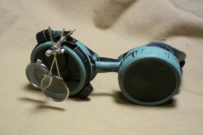 Green AVIATOR GOGGLES With Magnifying Loupes Welding Scientist Cyber Punk Optic Conductors Mad Scientist Gothic Rave Steampunk