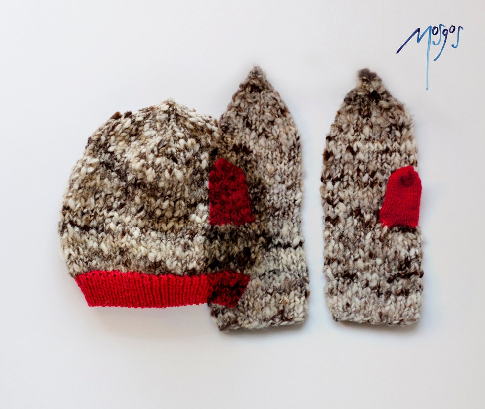 Hand Knitted Beanie Hat and Knitted Mittens in grey and fluorescent pink / magenta - natural handspun wool - kids size