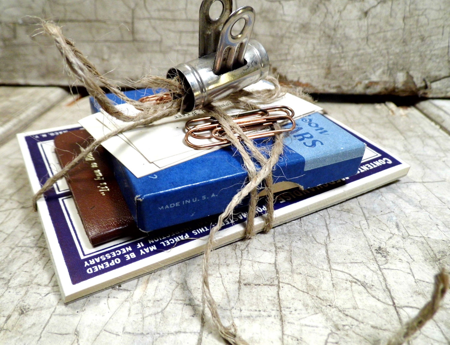 Vintage Office Supplies, Labels, Metal Clamp, Paper Boxes, Dennison Stars, Art Deco Calling Cards, Bowling Memo Pad, Industrial
