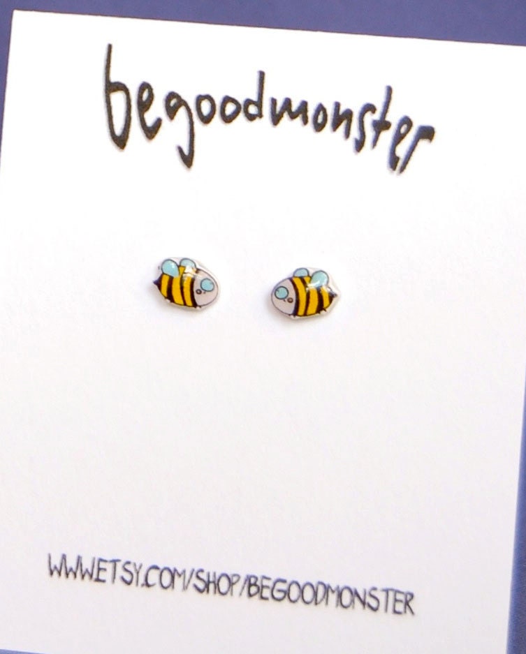 Honey bees Earrings  - Posts -  Little Bug Shrinky Dink - Shrink Plastic - Yellow Black