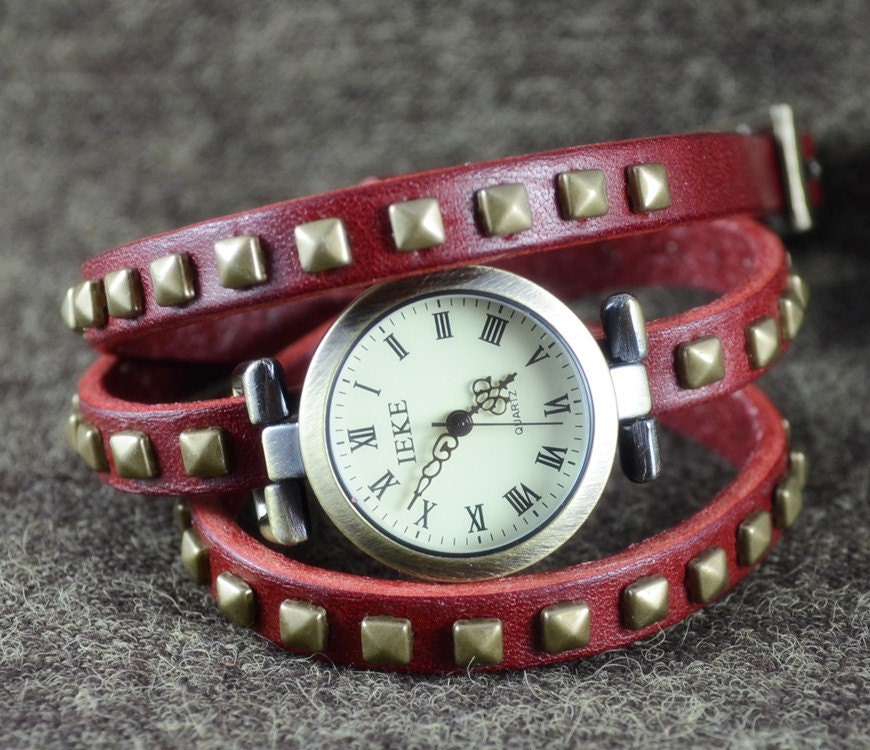 Leather Watch & bracelet ,Red leather ,vintage,classical,3xwrap WN09-1