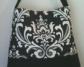 Handbag Purse Tote Shoulder Bag with Black and White Damask Floral Print