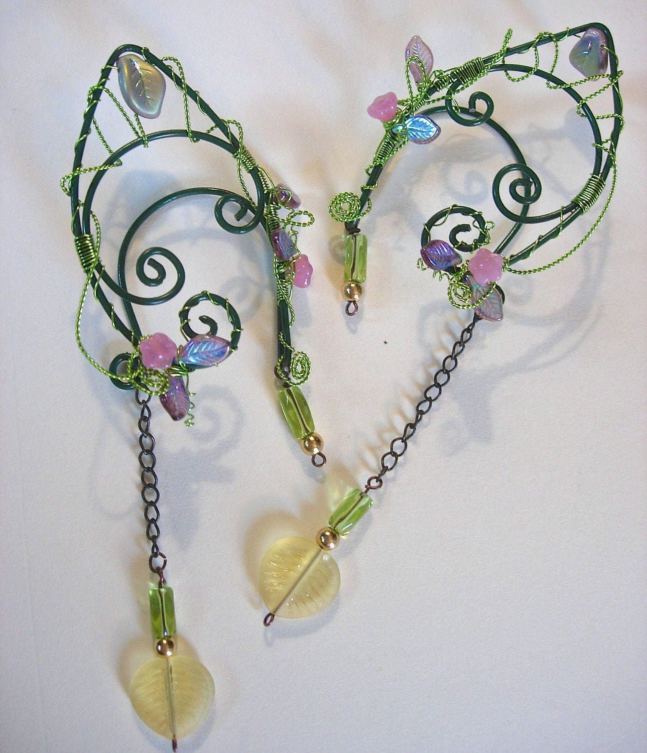 Pair of Garden Elf Ear Cuffs with Glass Flowers and Leaves, non pierced earring, Fairy, Renaissance, Elven