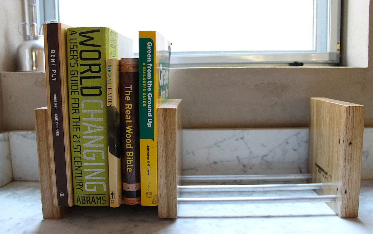 Adjustable Wood and Aluminum Bookends, Modern Mid Century Inspired with Locally salvaged Oak