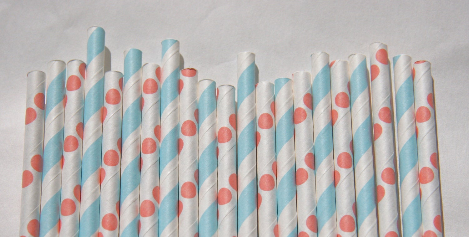 100 Vintage Look Paper Straws, Light Blue Stripes & Coral Pink Polka Dots, Pink and Blue Il_570xn