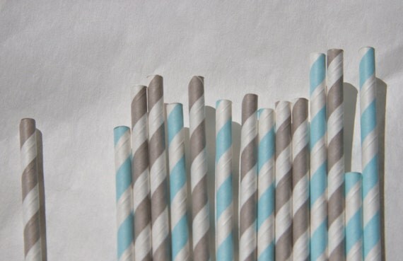 Baby Shower Paper Straws, 50 Pack, Light Blue & Grey Striped Paper Straws Il_570xn