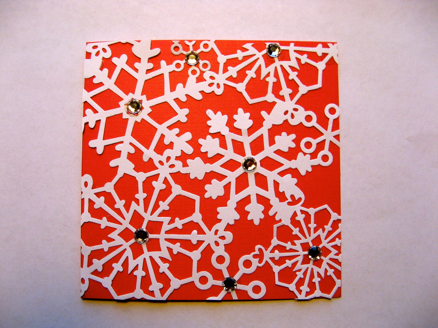 NOW 1/2 OFF - Greeting Card With Envelope - Snowflake and Gem Design- Red Card with White Overlay -  Blank Inside - Handmade