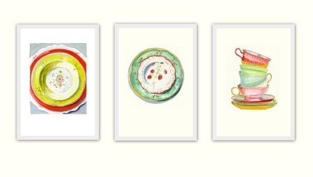 Still Life Kitchen Decor of Original Watercolor Painting -- Vintage Plates -- Fraise