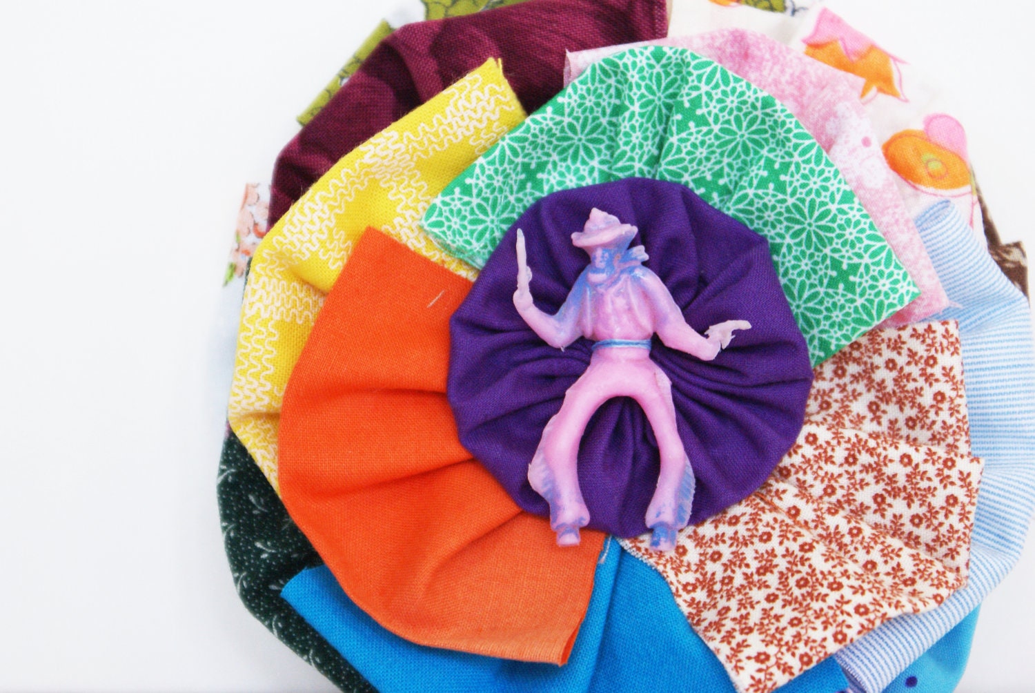 Fabric Pin, Upcycled Textile And Vintage Toy Cowboy Brooch, Scrappy, Shabby Accessory, Multi Color, Pink, Turquoise, Yellow, Green, Orange