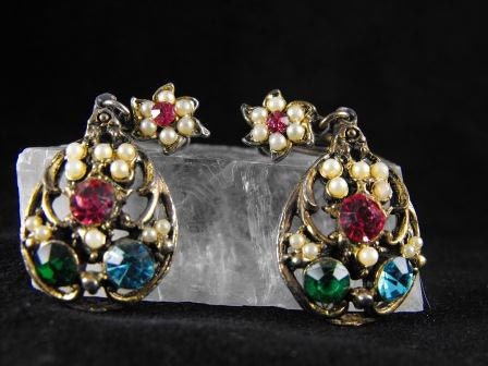 Vintage Earrings Multi Color Rhinestone Fruit Basket Danglers Sale 20.00