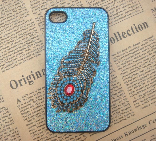 Steampunk Peacock Feather Blue bling glitter hard case For Apple iPhone 4 case iPhone 4s case cover