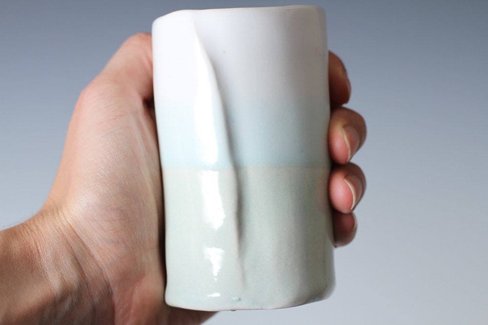 White satin, turquoise and celadon Handmade Porcelain Cup, tumbler, simple ceramic pottery cup ready to ship