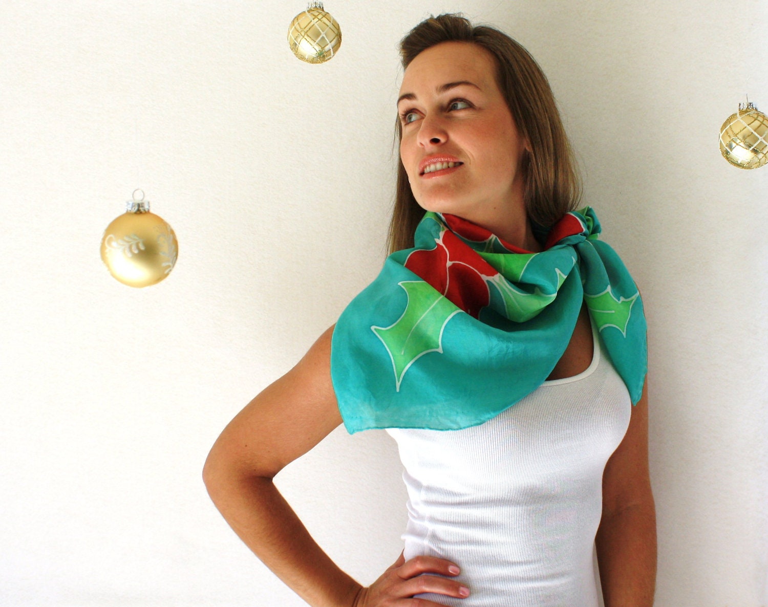 Christmas Silk Scarf - Green and Red - Hand Painted Silk Scarf - Winter Fashion- Holly Silk Scarf - Holidays - TheSilkMoon